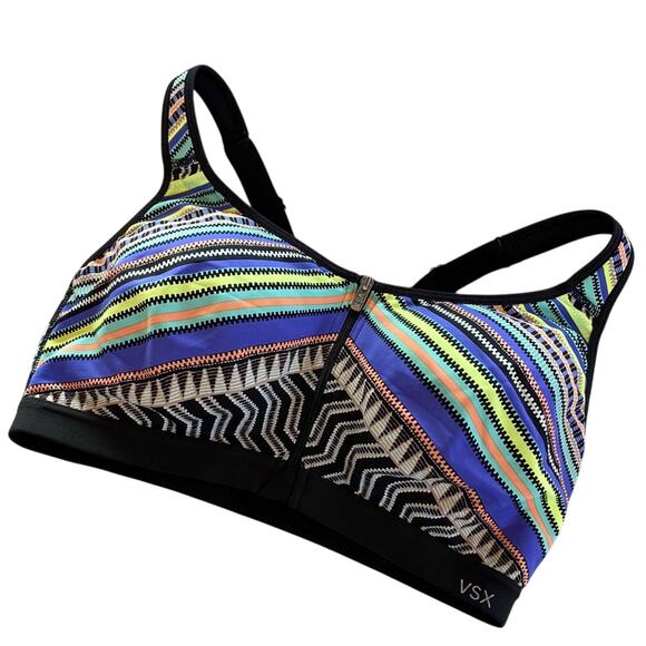 VSX Geo Print Bright Multi Colored Print Front Zip Sports Bra 32D - Picture 1 of 7